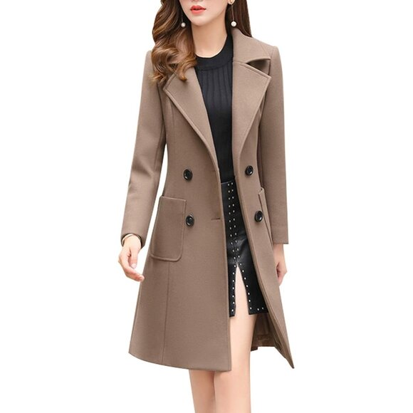 Women's Khaki Elegant Notched Collar Double Breasted Wool Blend Over Coat - Picture 1 of 6